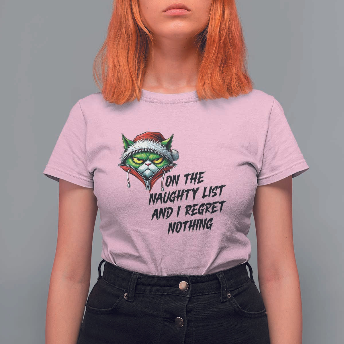 Funny Cat Green Christmas T Shirt For Women On The Naughty List And I Regret Nothing - Wonder Print Shop