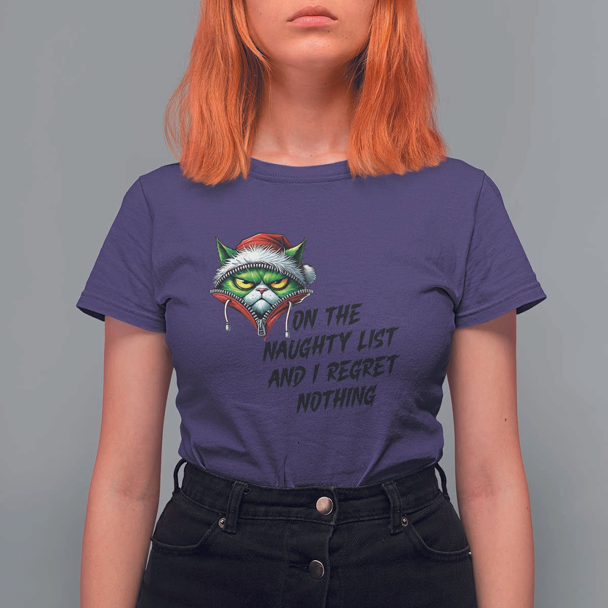 Funny Cat Green Christmas T Shirt For Women On The Naughty List And I Regret Nothing - Wonder Print Shop