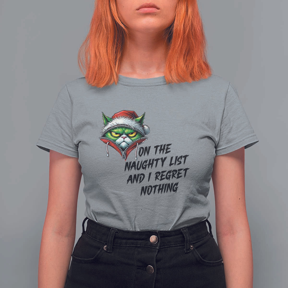 Funny Cat Green Christmas T Shirt For Women On The Naughty List And I Regret Nothing - Wonder Print Shop