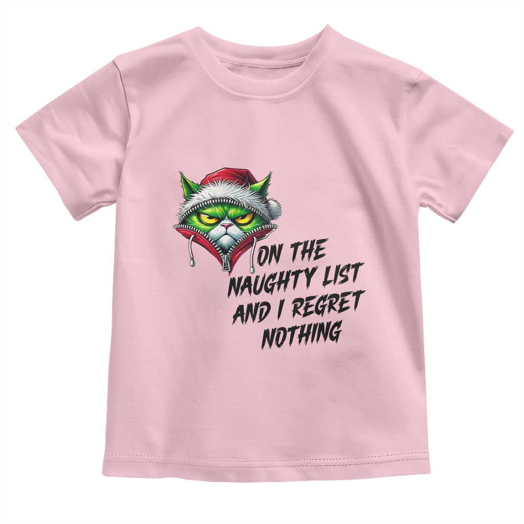 Funny Cat Green Christmas Toddler T Shirt On The Naughty List And I Regret Nothing - Wonder Print Shop