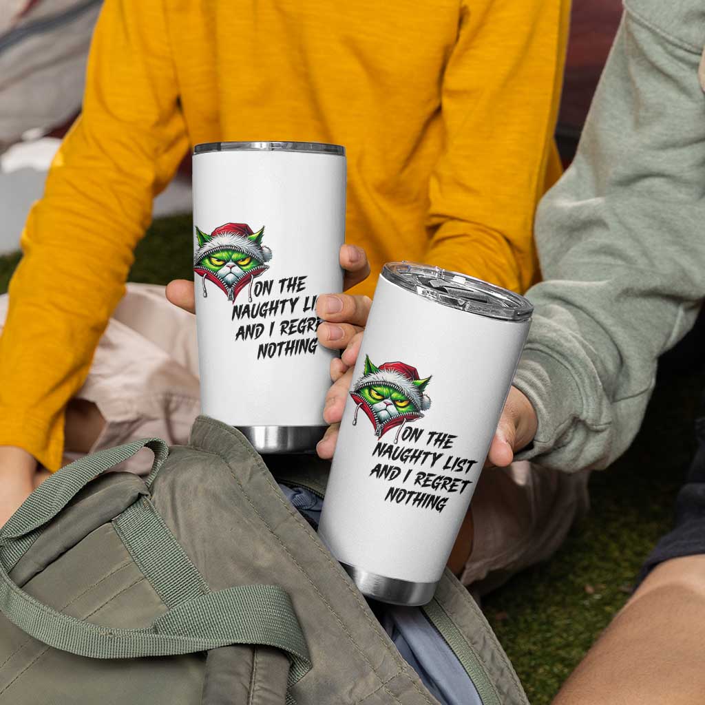 Funny Cat Green Christmas Tumbler Cup On The Naughty List And I Regret Nothing - Wonder Print Shop