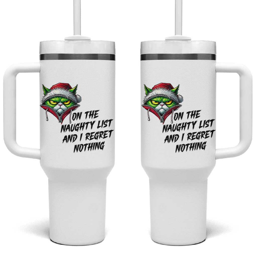 Funny Cat Green Christmas Tumbler With Handle On The Naughty List And I Regret Nothing - Wonder Print Shop