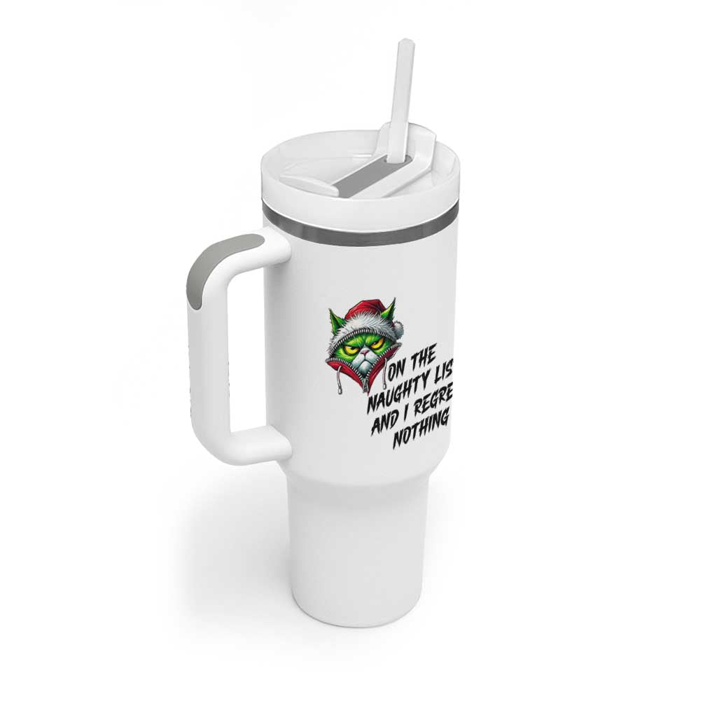 Funny Cat Green Christmas Tumbler With Handle On The Naughty List And I Regret Nothing - Wonder Print Shop