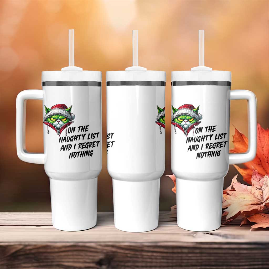 Funny Cat Green Christmas Tumbler With Handle On The Naughty List And I Regret Nothing - Wonder Print Shop