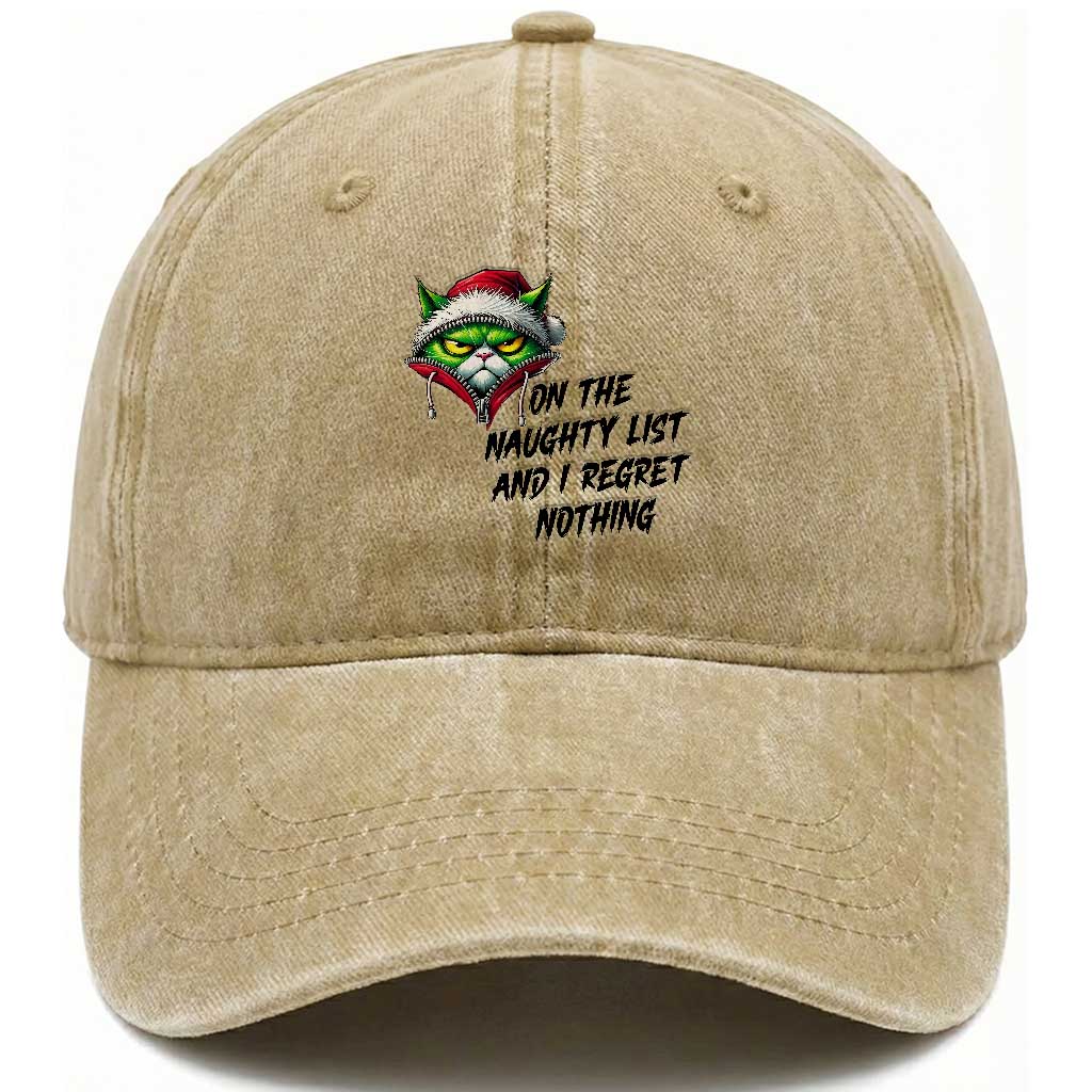 Funny Cat Green Christmas Washed Cotton Baseball Cap On The Naughty List And I Regret Nothing
