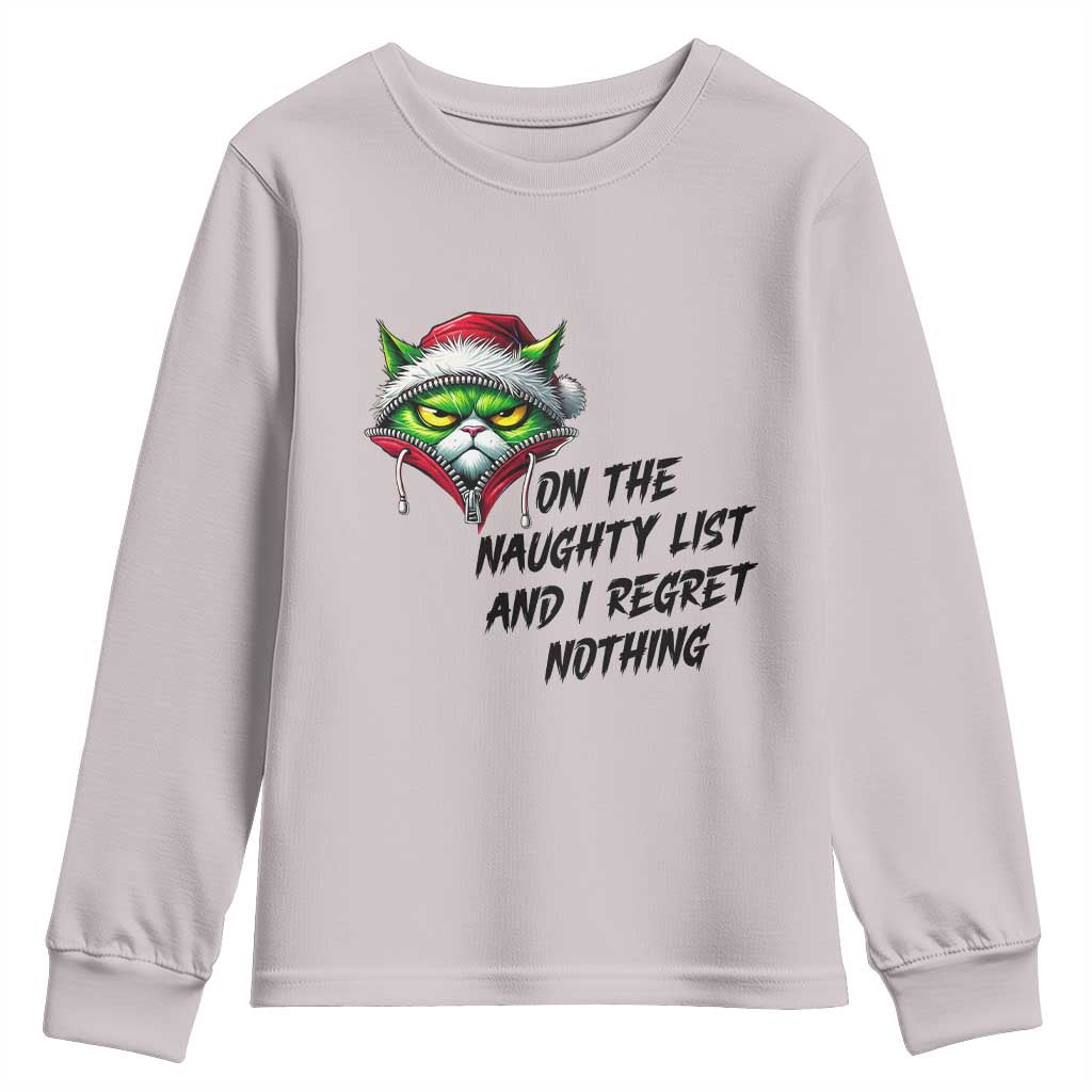 Funny Cat Green Christmas Youth Sweatshirt On The Naughty List And I Regret Nothing - Wonder Print Shop