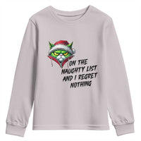 Funny Cat Green Christmas Youth Sweatshirt On The Naughty List And I Regret Nothing - Wonder Print Shop
