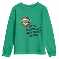 Funny Cat Green Christmas Youth Sweatshirt On The Naughty List And I Regret Nothing - Wonder Print Shop