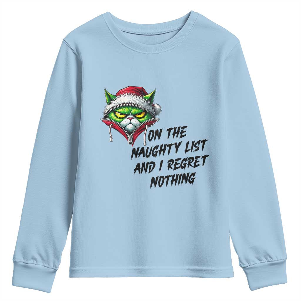 Funny Cat Green Christmas Youth Sweatshirt On The Naughty List And I Regret Nothing - Wonder Print Shop