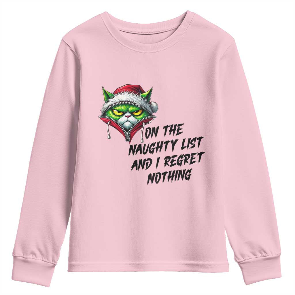 Funny Cat Green Christmas Youth Sweatshirt On The Naughty List And I Regret Nothing - Wonder Print Shop