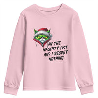Funny Cat Green Christmas Youth Sweatshirt On The Naughty List And I Regret Nothing - Wonder Print Shop