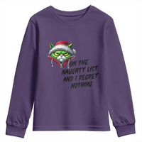 Funny Cat Green Christmas Youth Sweatshirt On The Naughty List And I Regret Nothing - Wonder Print Shop