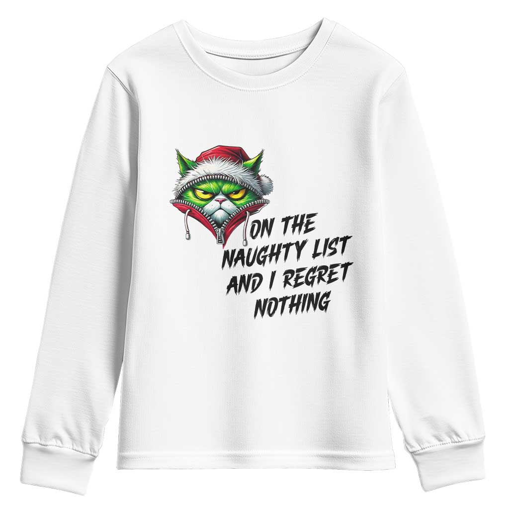 Funny Cat Green Christmas Youth Sweatshirt On The Naughty List And I Regret Nothing - Wonder Print Shop