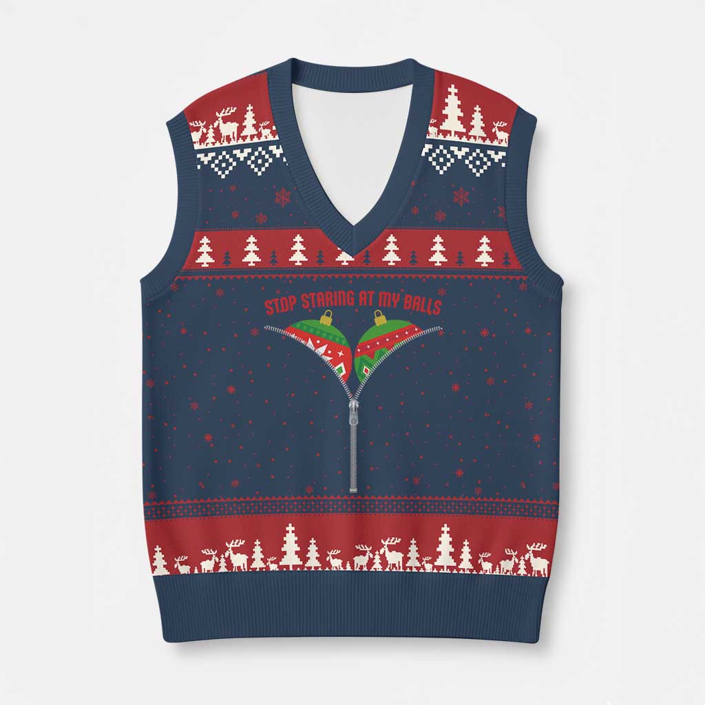 Funny Dirty Xmas V-Neck Knit Sweater Vest Stop Staring At My Balls - Wonder Print Shop