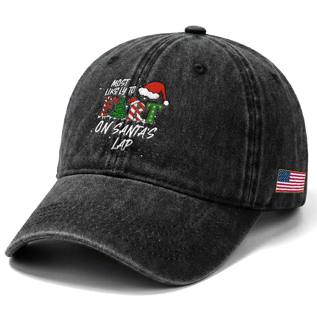 Funny Christmas Matching Family Washed Cotton Baseball Cap Most Likely To Fart On Santa Lap