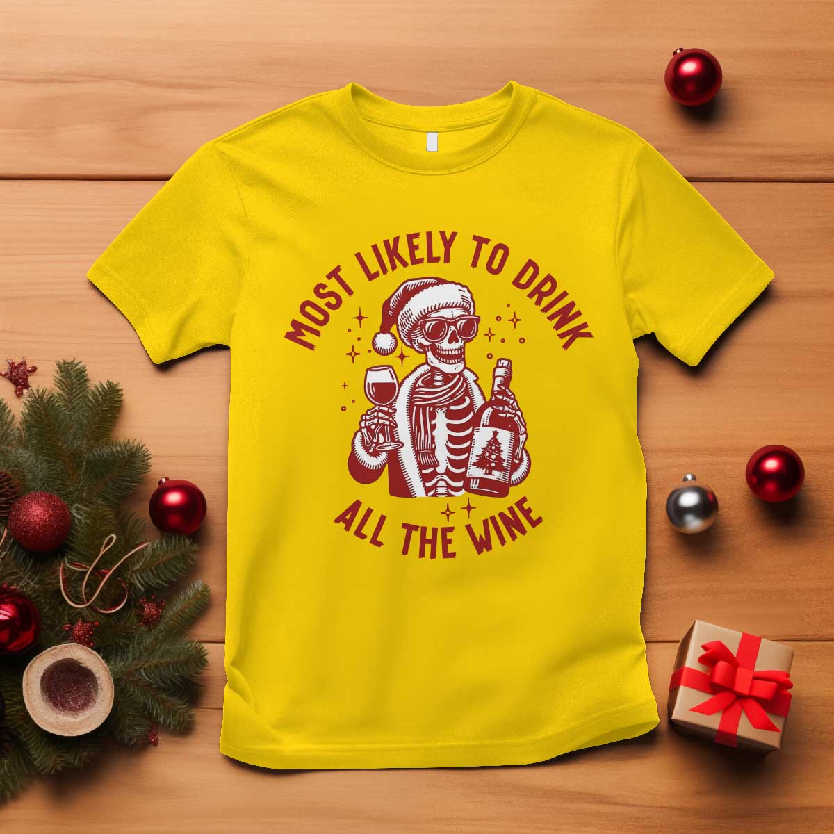 Funny Skeleton Christmas T Shirt Most Likely To Drink All The Wine - Wonder Print Shop