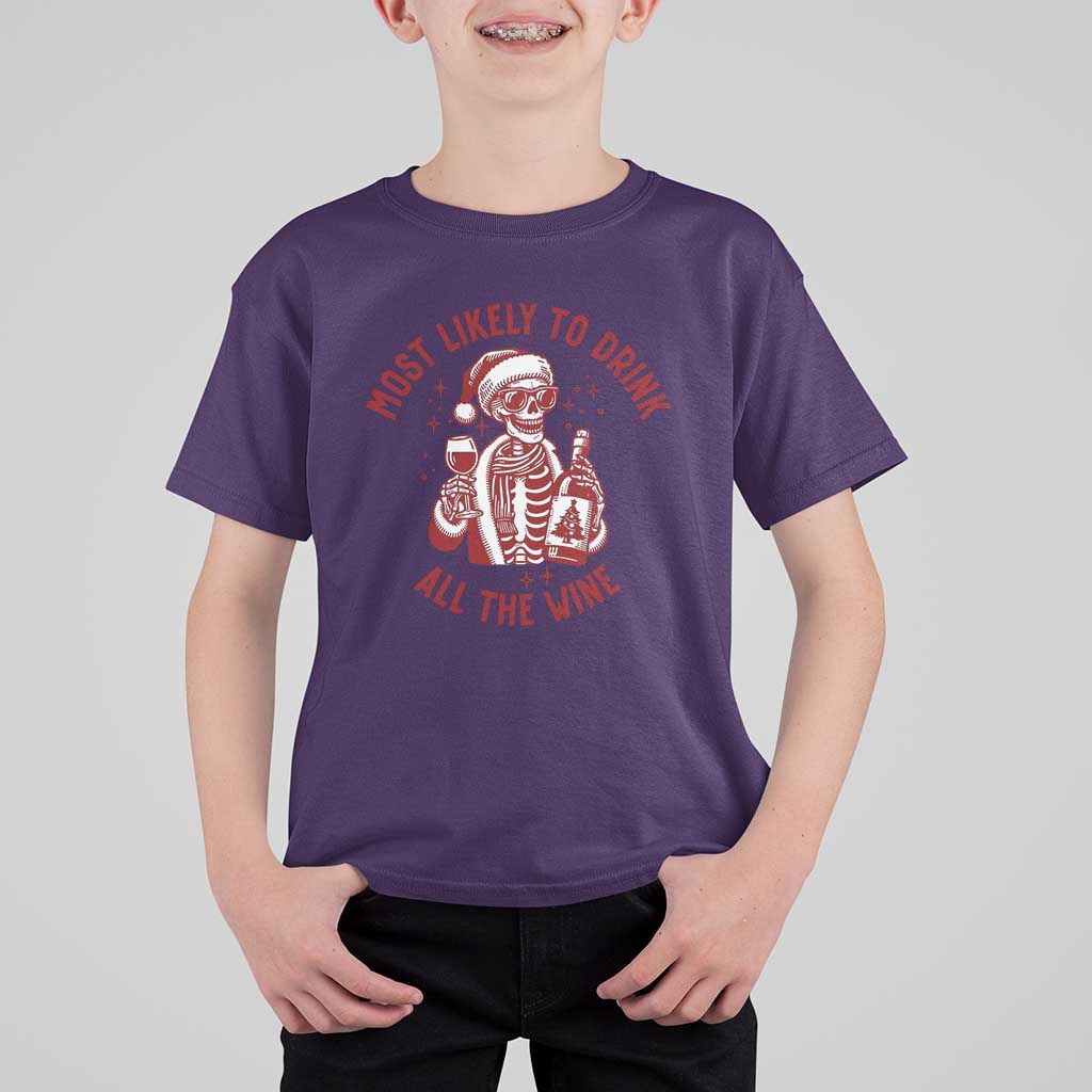 Funny Skeleton Christmas T Shirt For Kid Most Likely To Drink All The Wine - Wonder Print Shop