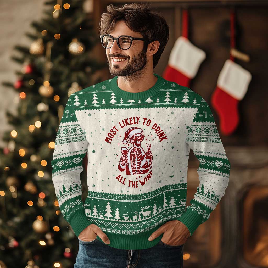 Funny Skeleton Xmas Ugly Christmas Sweater Most Likely To Drink All The Wine - Wonder Print Shop