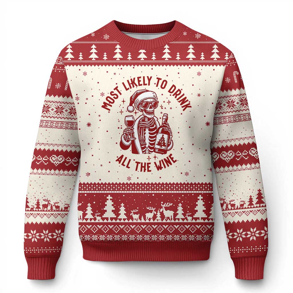 Funny Skeleton Xmas Ugly Christmas Sweater Most Likely To Drink All The Wine - Wonder Print Shop