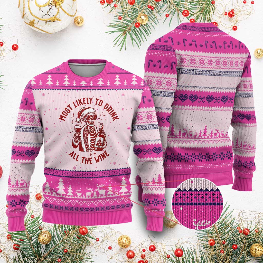 Funny Skeleton Xmas Ugly Christmas Sweater Most Likely To Drink All The Wine - Wonder Print Shop