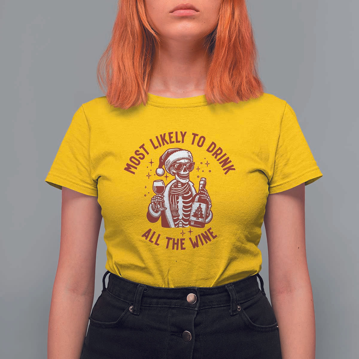 Funny Skeleton Christmas T Shirt For Women Most Likely To Drink All The Wine - Wonder Print Shop