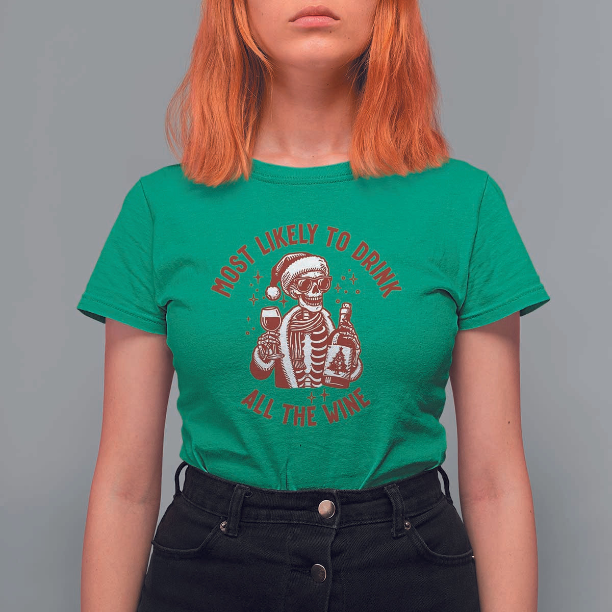Funny Skeleton Christmas T Shirt For Women Most Likely To Drink All The Wine - Wonder Print Shop