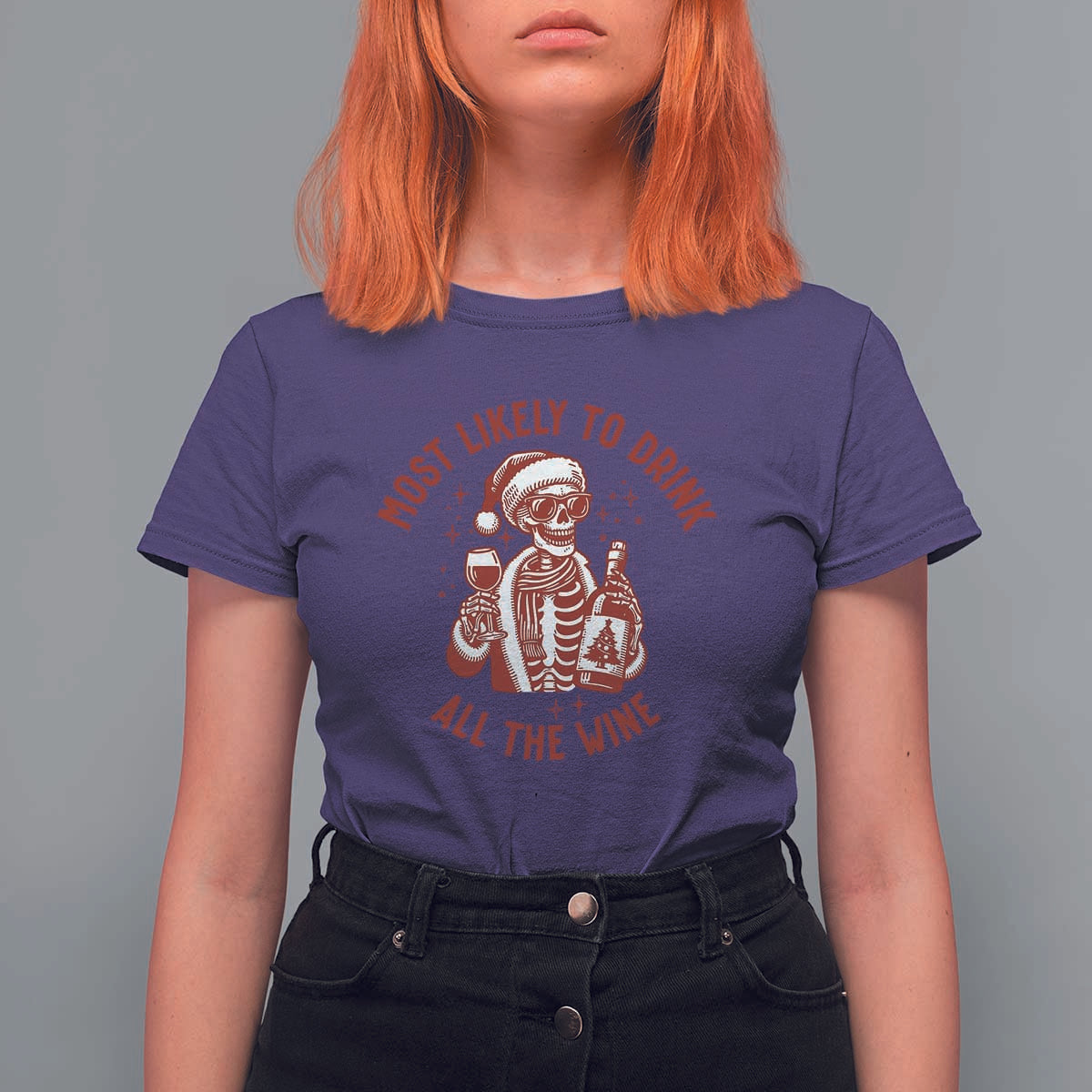 Funny Skeleton Christmas T Shirt For Women Most Likely To Drink All The Wine - Wonder Print Shop