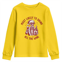 Funny Skeleton Christmas Youth Sweatshirt Most Likely To Drink All The Wine - Wonder Print Shop