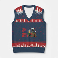 Funny Skeleton Beer Xmas V-Neck Knit Sweater Vest This Guy Needs A Beer - Wonder Print Shop
