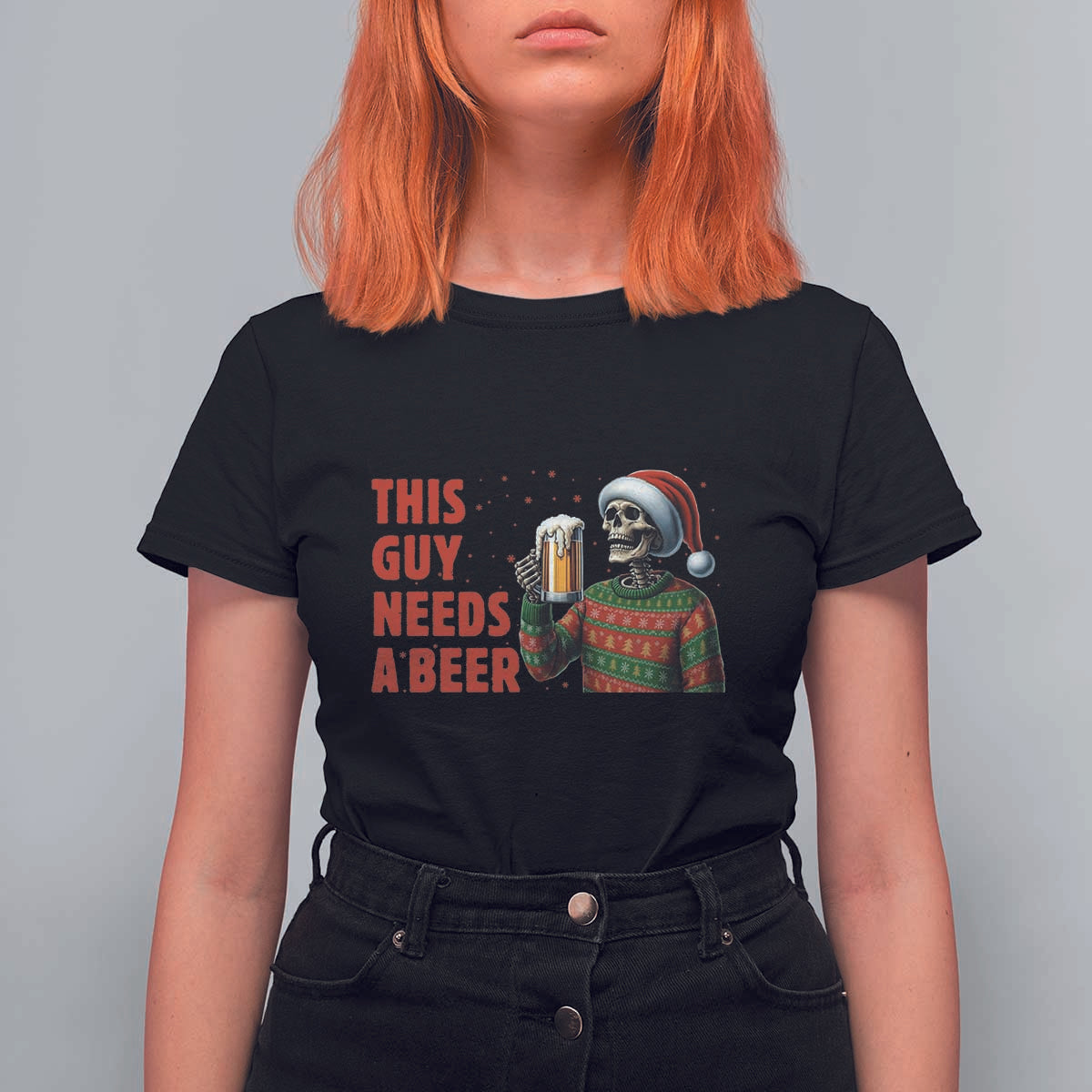 Funny Skeleton Beer Christmas T Shirt For Women This Guy Needs A Beer - Wonder Print Shop