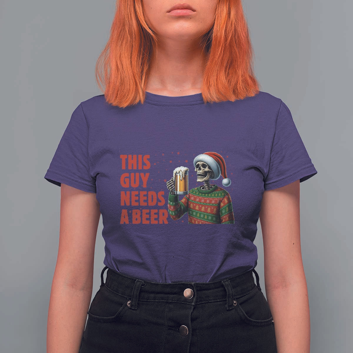 Funny Skeleton Beer Christmas T Shirt For Women This Guy Needs A Beer - Wonder Print Shop