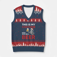 Funny Skeleton Beer Xmas V-Neck Knit Sweater Vest This Is My Costume Now Give Me A Beer - Wonder Print Shop
