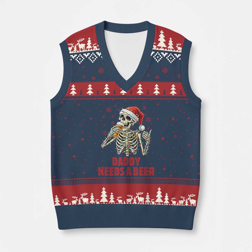 Funny Skeleton Beer Xmas V-Neck Knit Sweater Vest Daddy Needs A Beer - Wonder Print Shop