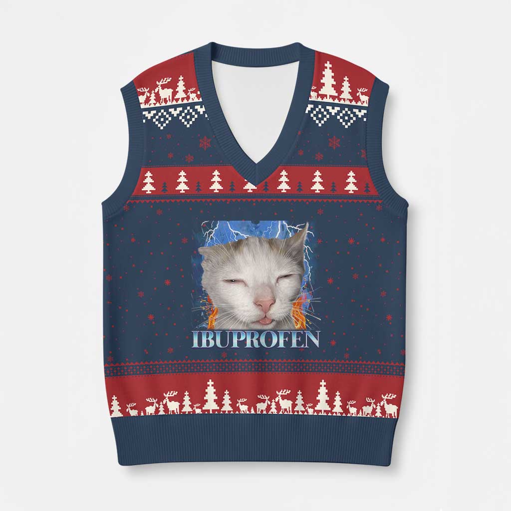 Funny Cat Meme V-Neck Knit Sweater Vest Ibuprofen Silly Kitten - Wonder Print Shop