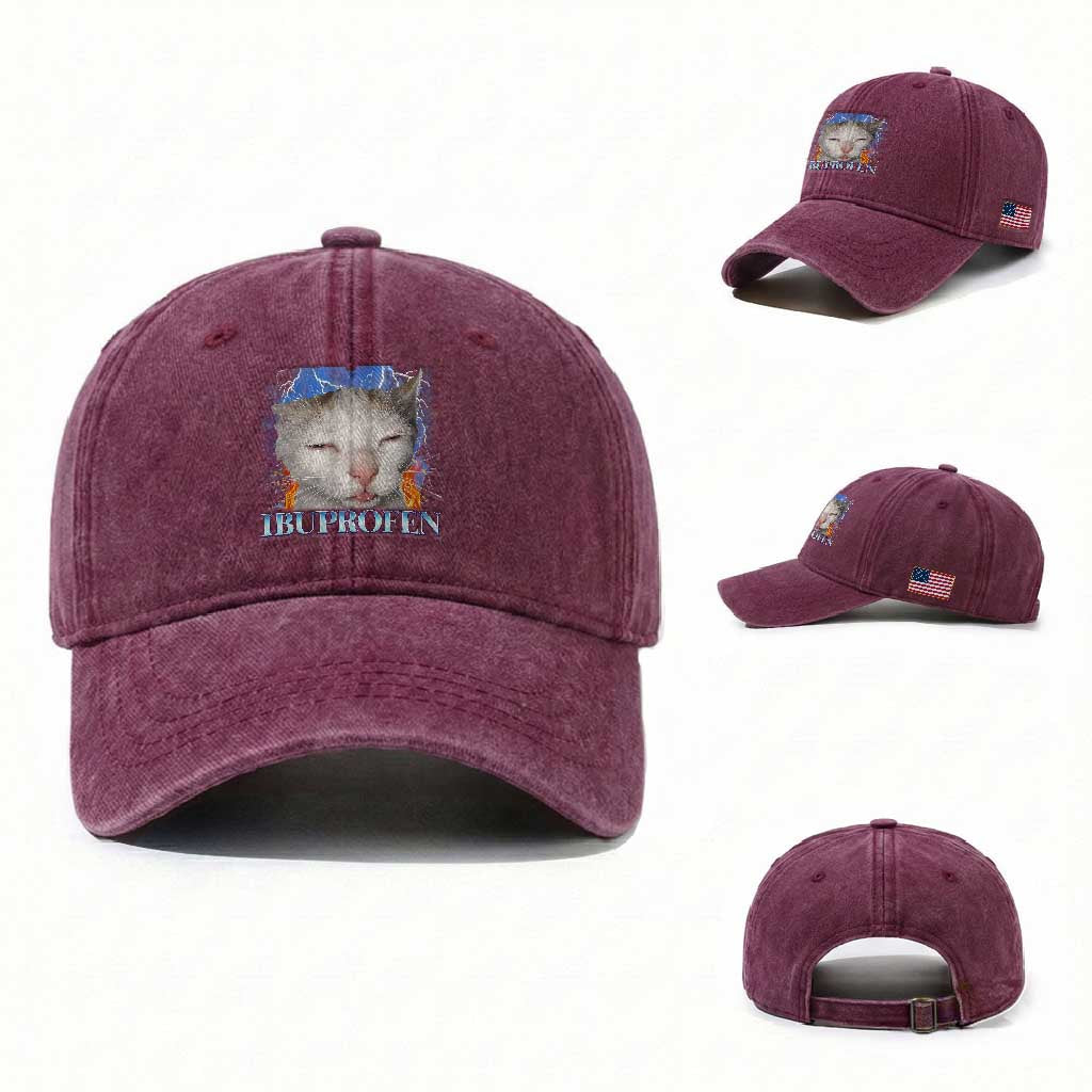 Funny Cat Meme Washed Cotton Baseball Cap Ibuprofen Silly Kitten