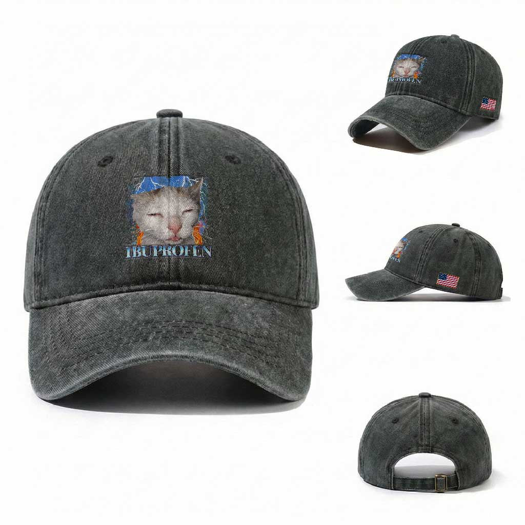 Funny Cat Meme Washed Cotton Baseball Cap Ibuprofen Silly Kitten