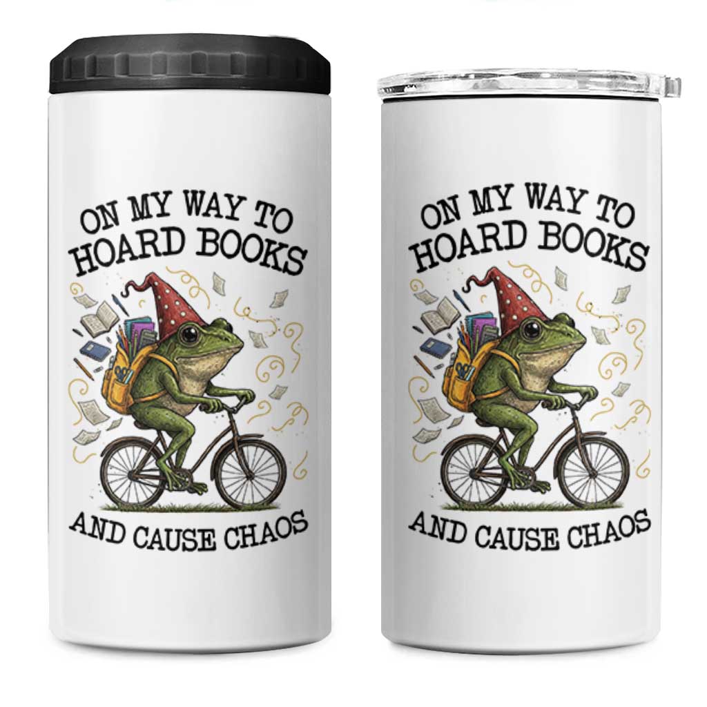 Funny Frog Meme 4 in 1 Can Cooler Tumbler On My Way to Hoard Books and Cause Chaos - Wonder Print Shop