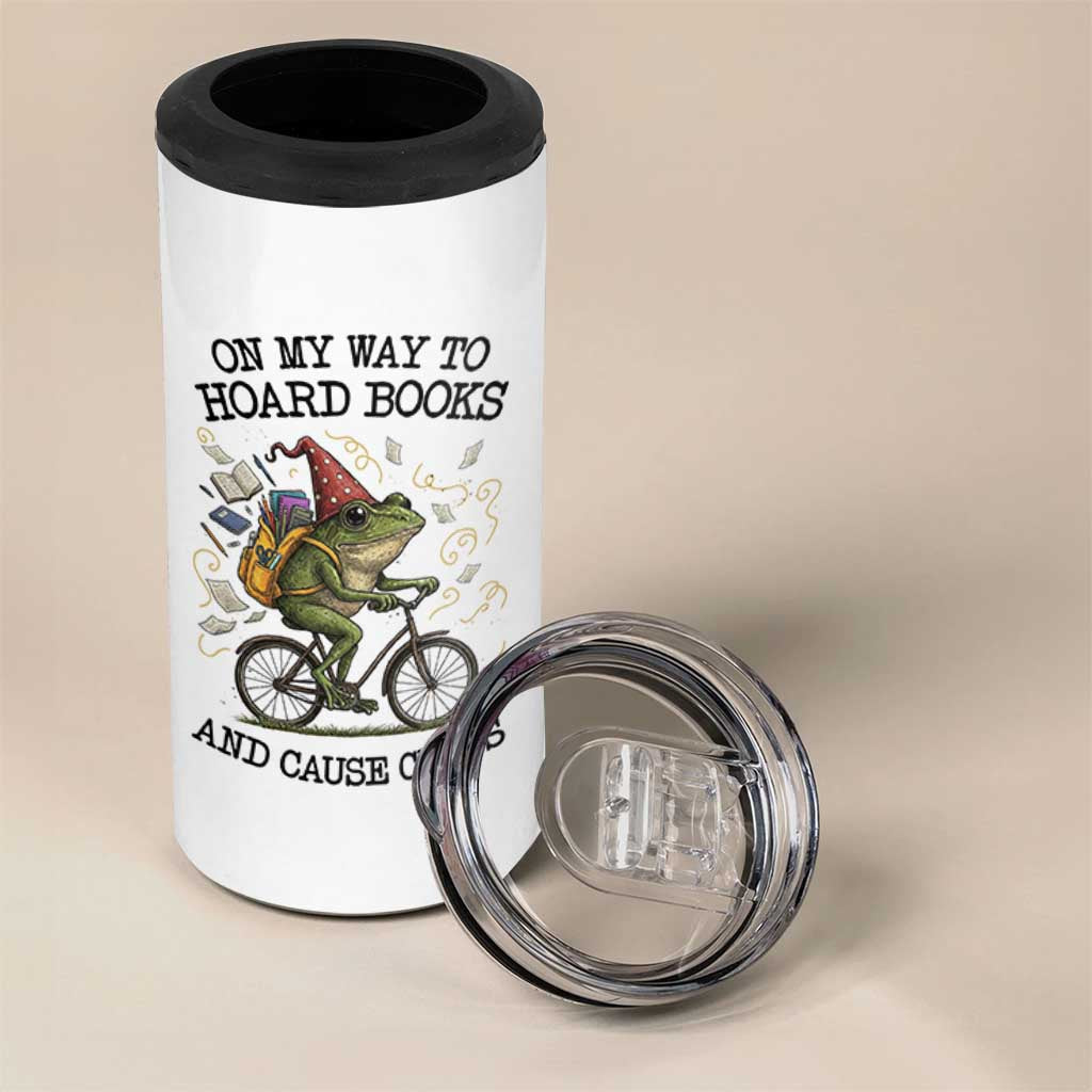 Funny Frog Meme 4 in 1 Can Cooler Tumbler On My Way to Hoard Books and Cause Chaos - Wonder Print Shop