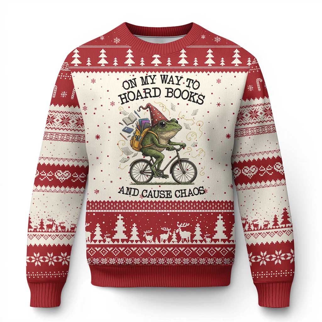 Funny Frog Meme Ugly Christmas Sweater On My Way to Hoard Books and Cause Chaos - Wonder Print Shop