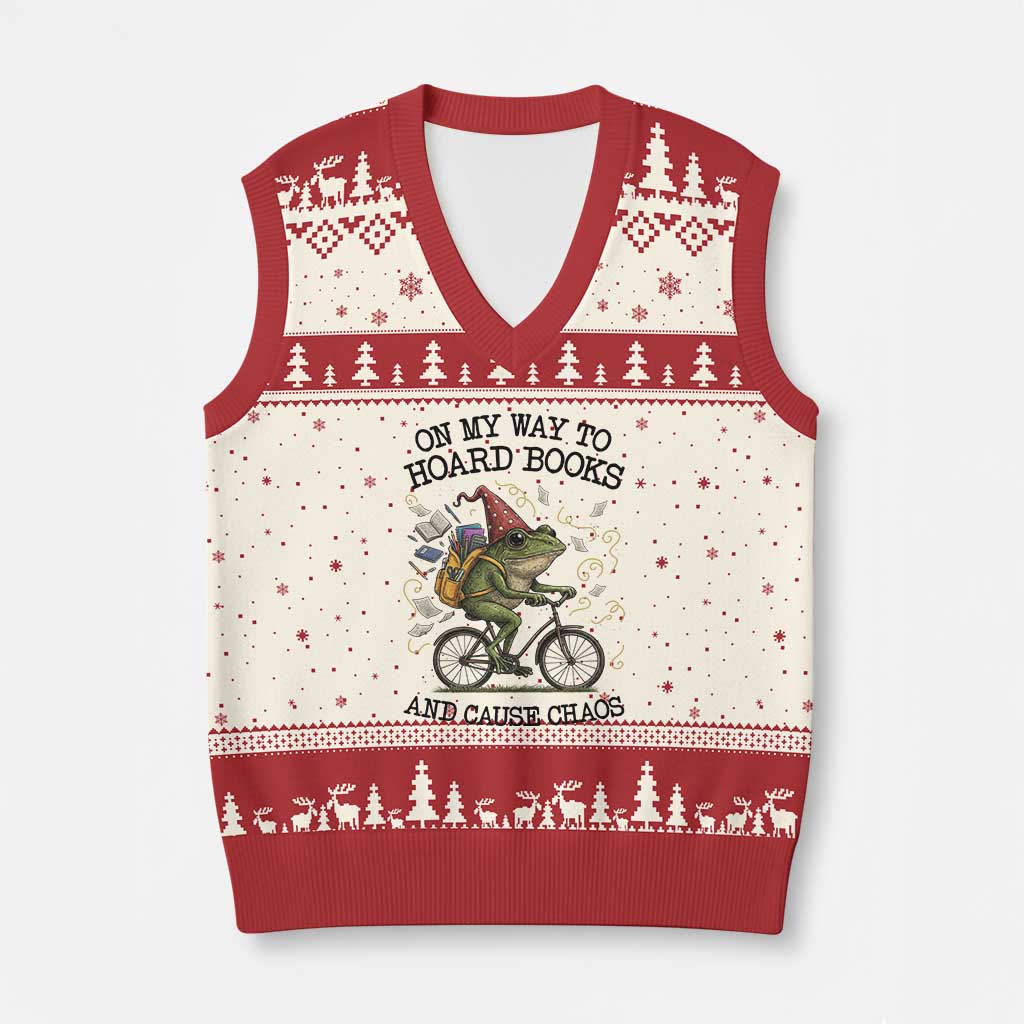 Funny Frog Meme V-Neck Knit Sweater Vest On My Way to Hoard Books and Cause Chaos - Wonder Print Shop