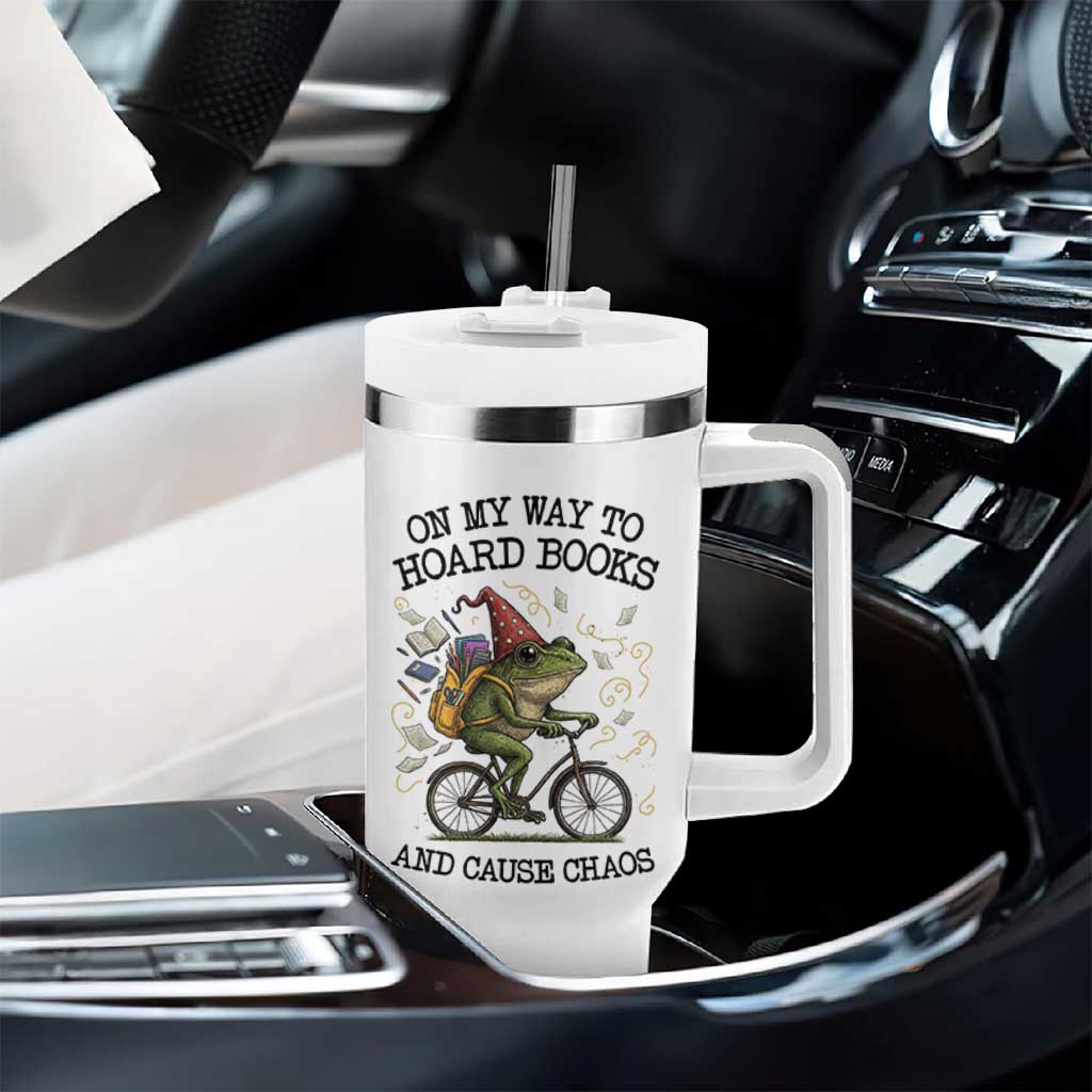 Funny Frog Meme Tumbler With Handle On My Way to Hoard Books and Cause Chaos - Wonder Print Shop