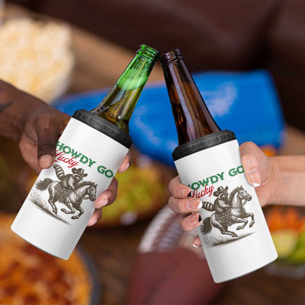Howdy Go Lucky 4 in 1 Can Cooler Tumbler Cowboy Raccoon St Patrick's Day