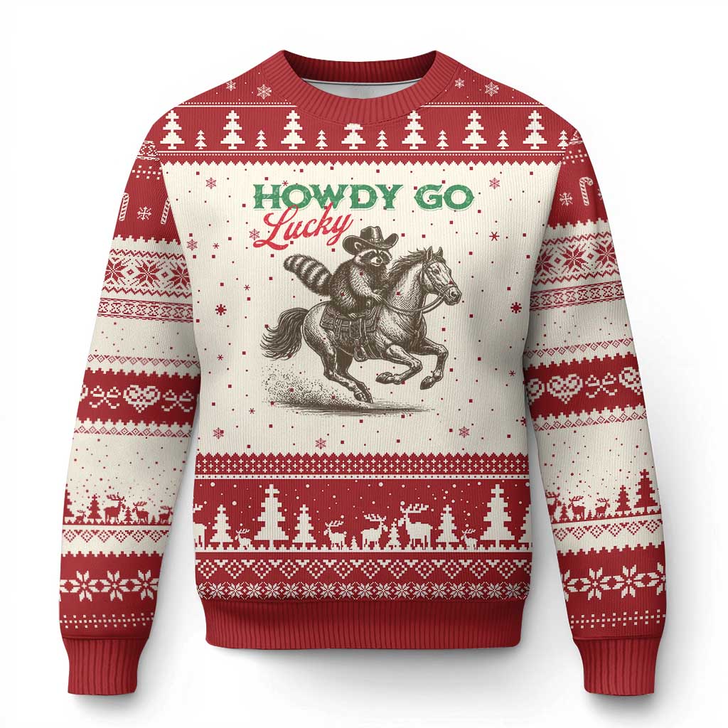 Howdy Go Lucky Ugly Christmas Sweater Cowboy Raccoon St Patrick's Day