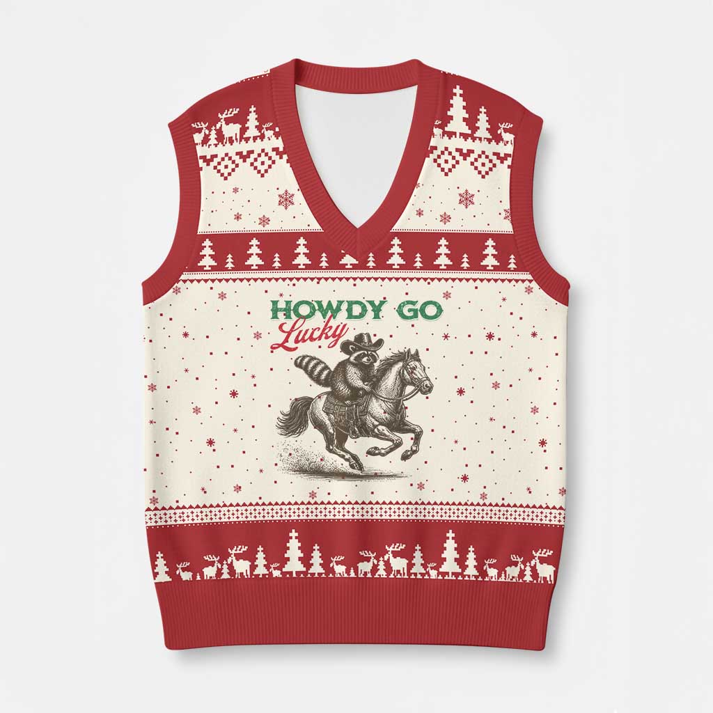 Howdy Go Lucky V-Neck Knit Sweater Vest Cowboy Raccoon St Patrick's Day