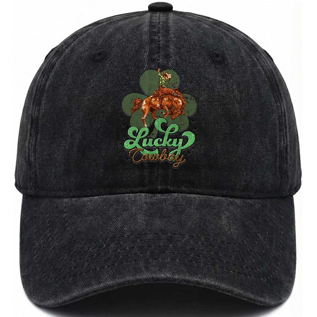 Lucky Cowboy Western Washed Cotton Baseball Cap Funny St Patrick's Day