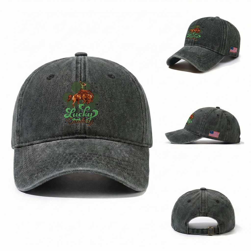 Lucky Cowboy Western Washed Cotton Baseball Cap Funny St Patrick's Day