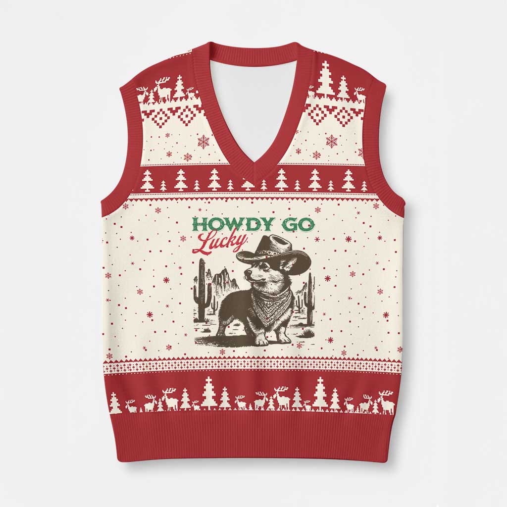 Howdy Go Lucky V-Neck Knit Sweater Vest Funny Corgi St Patrick's Day
