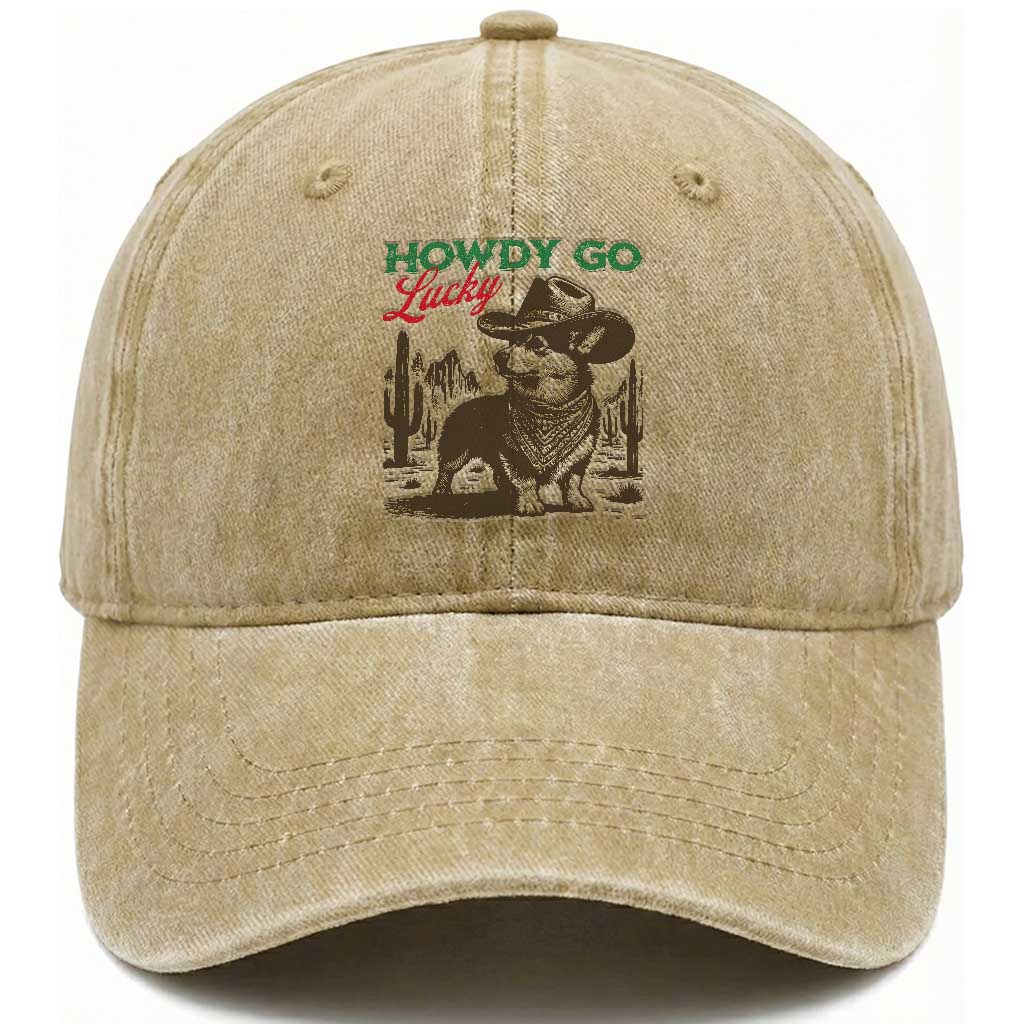 Howdy Go Lucky Washed Cotton Baseball Cap Funny Corgi St Patrick's Day