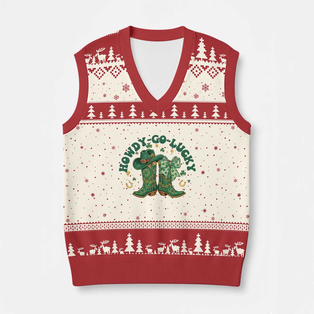 Howdy Go Lucky V-Neck Knit Sweater Vest Green Cowboy Boots St Patrick's Day