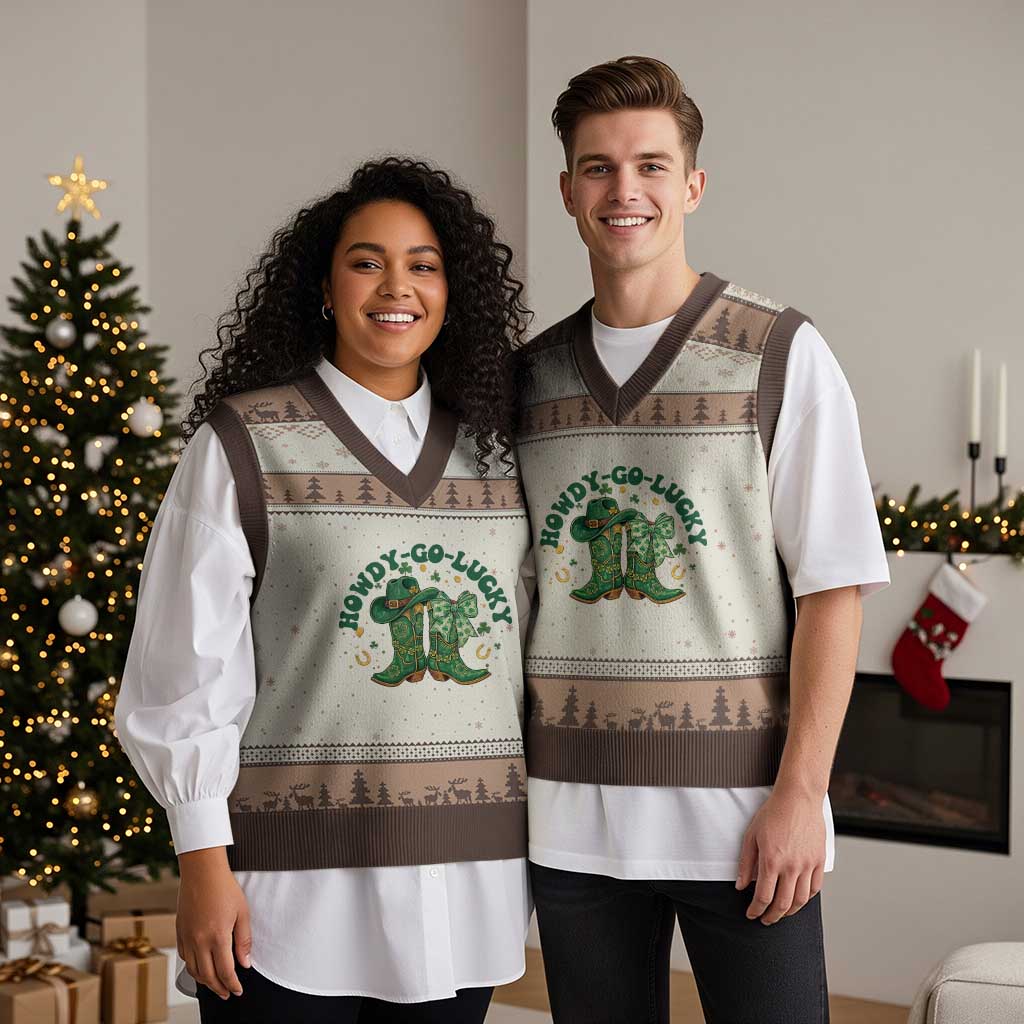 Howdy Go Lucky V-Neck Knit Sweater Vest Green Cowboy Boots St Patrick's Day